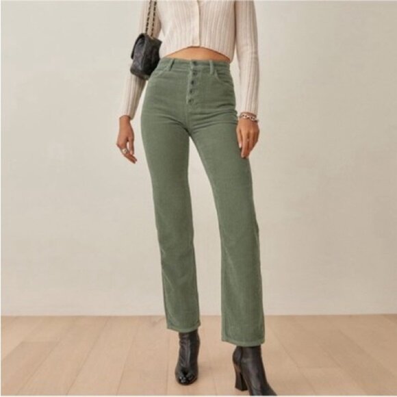 Reformation Cynthia Button Fly High Rise Straight Corduroy Pants in Moss - Picture 1 of 6